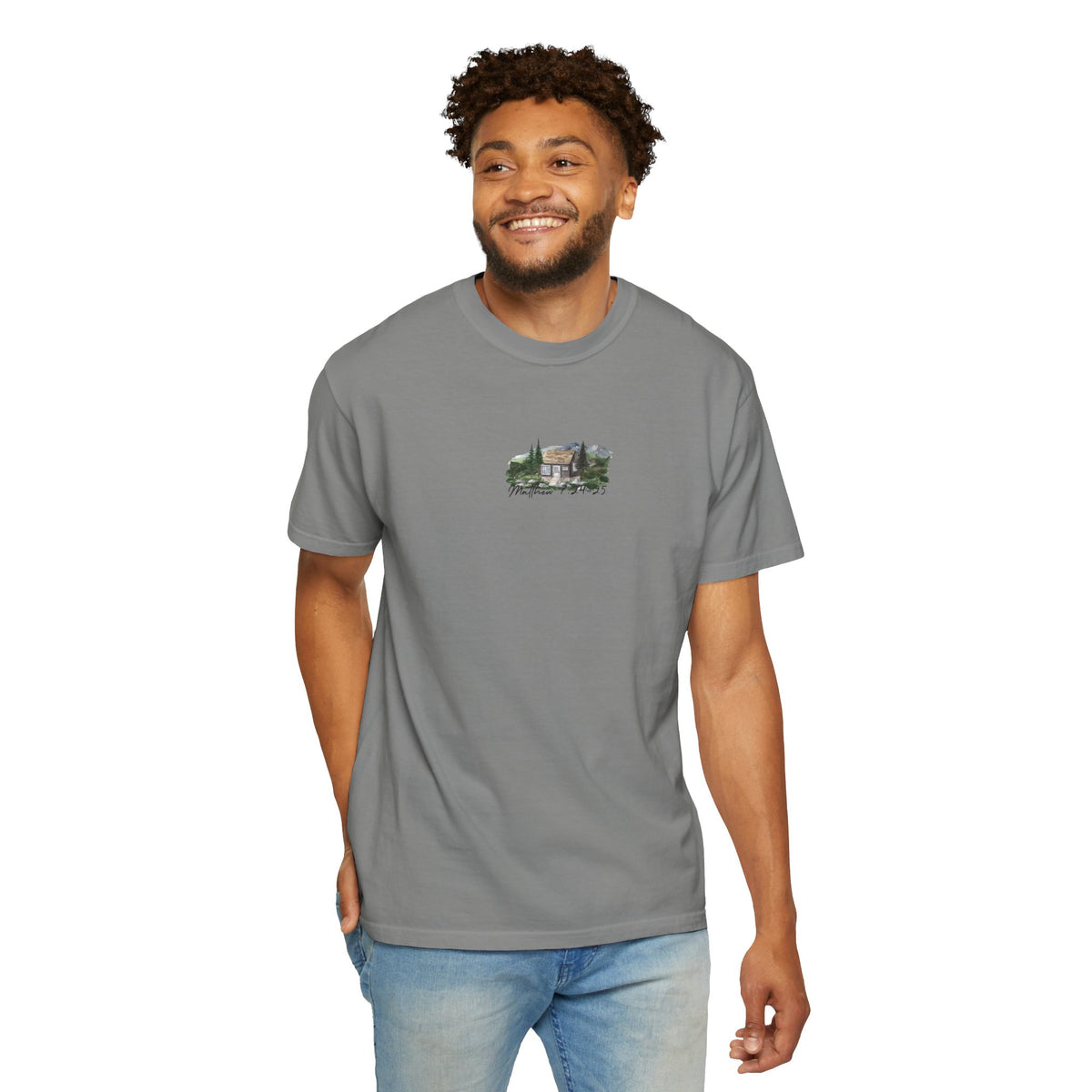 Jesus Is the True Foundation Cabin Illustration T-shirt | Matthew 7:24-25