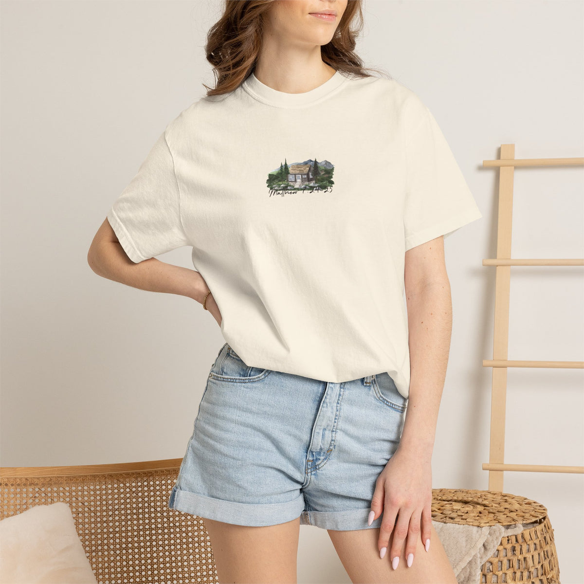 Jesus Is the True Foundation Cabin Illustration T-shirt | Matthew 7:24-25