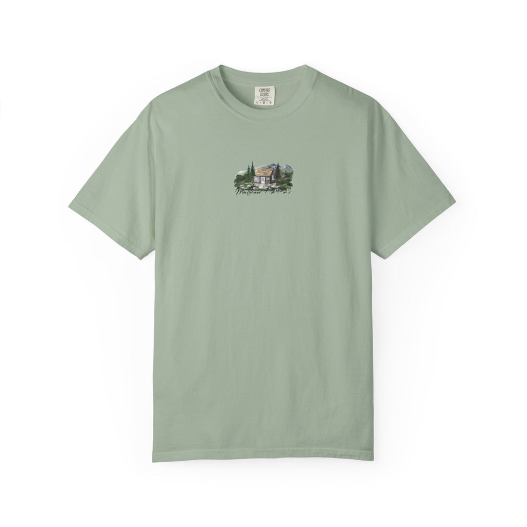 Jesus Is the True Foundation Cabin Illustration T-shirt | Matthew 7:24-25