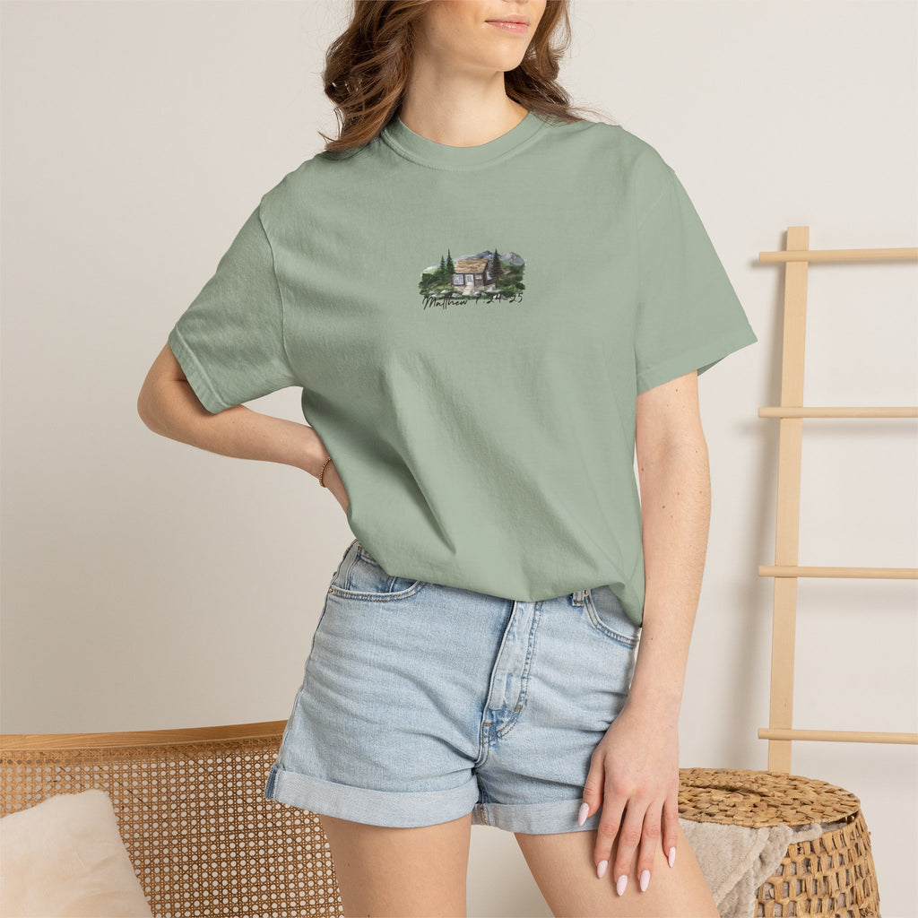 Jesus Is the True Foundation Cabin Illustration T-shirt | Matthew 7:24-25