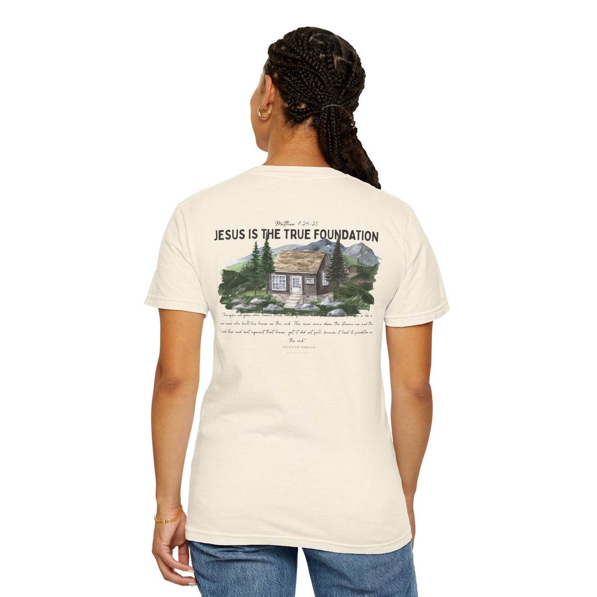 Jesus Is the True Foundation Cabin Illustration T-shirt | Matthew 7:24-25
