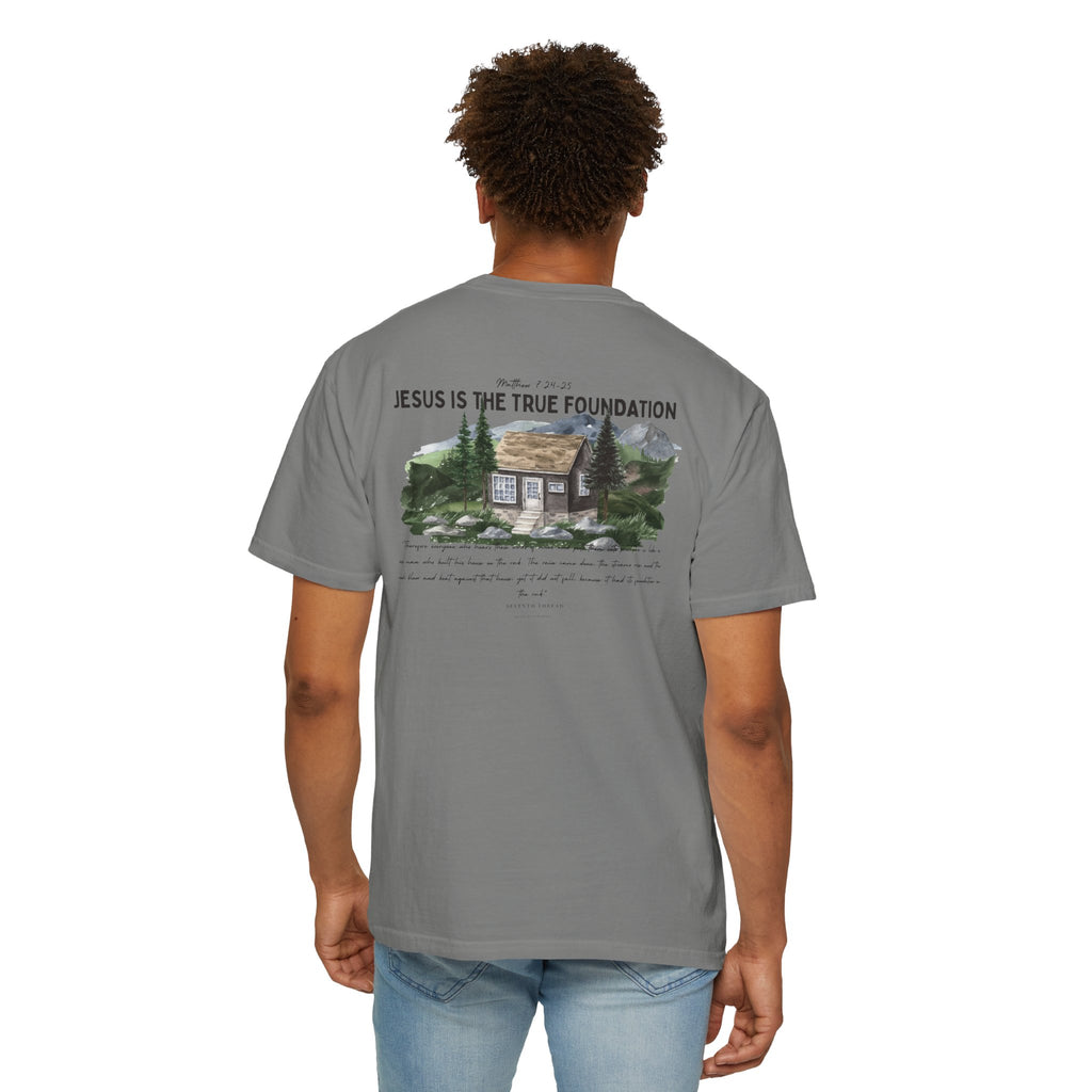 Jesus Is the True Foundation Cabin Illustration T-shirt | Matthew 7:24-25