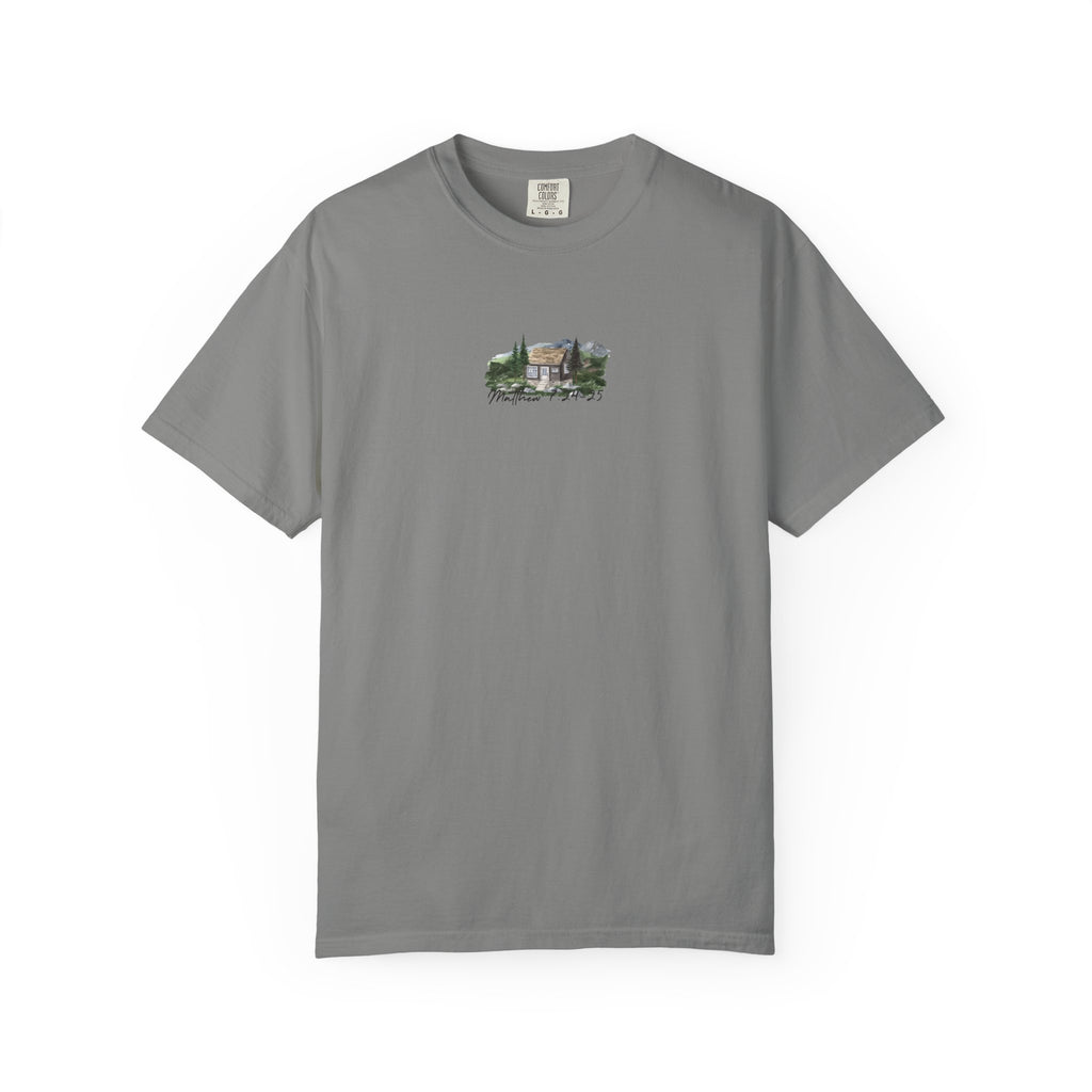 Jesus Is the True Foundation Cabin Illustration T-shirt | Matthew 7:24-25