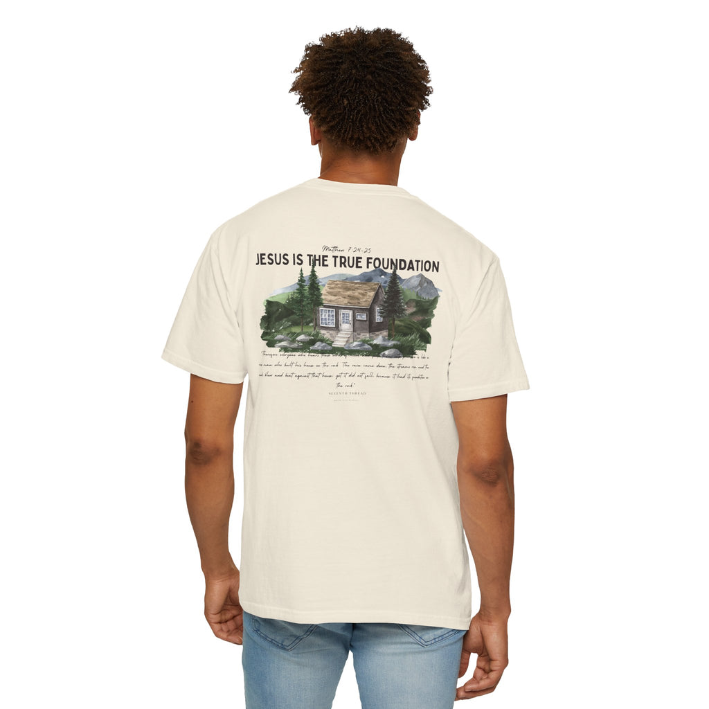 Jesus Is the True Foundation Cabin Illustration T-shirt | Matthew 7:24-25