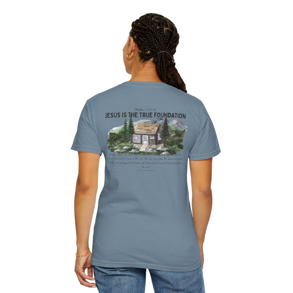 Jesus Is the True Foundation Cabin Illustration T-shirt | Matthew 7:24-25