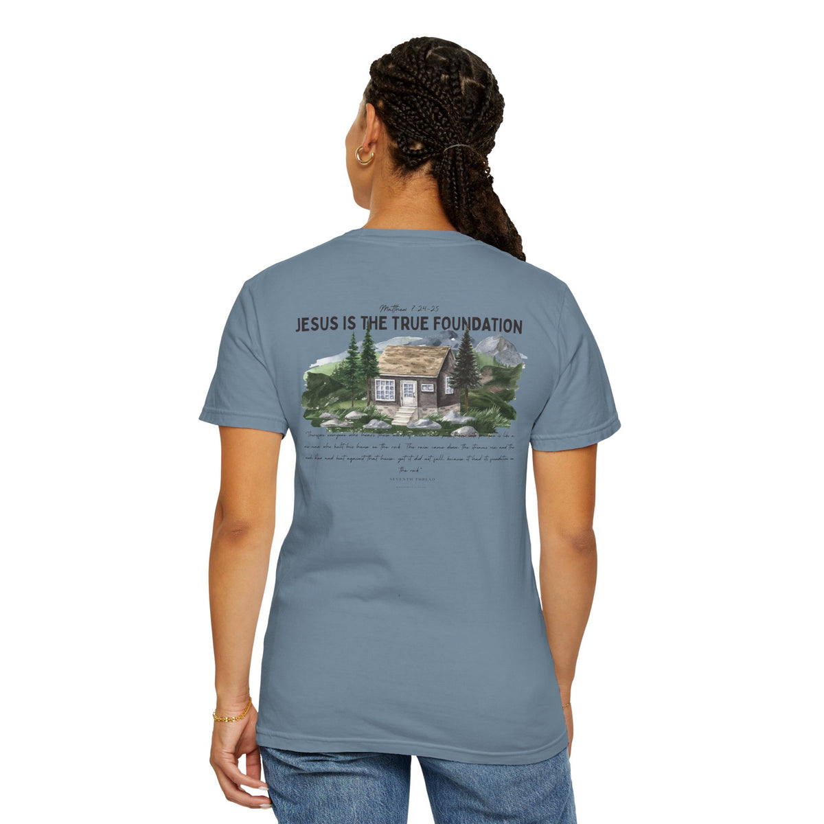 Jesus Is the True Foundation Cabin Illustration T-shirt | Matthew 7:24-25