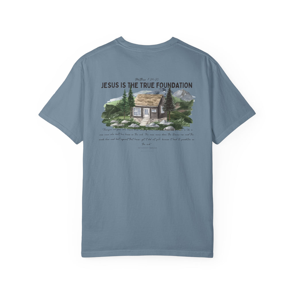 Jesus Is the True Foundation Cabin Illustration T-shirt | Matthew 7:24-25