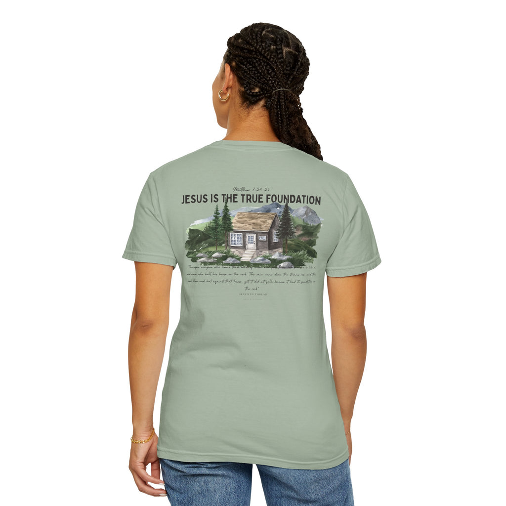 Jesus Is the True Foundation Cabin Illustration T-shirt | Matthew 7:24-25