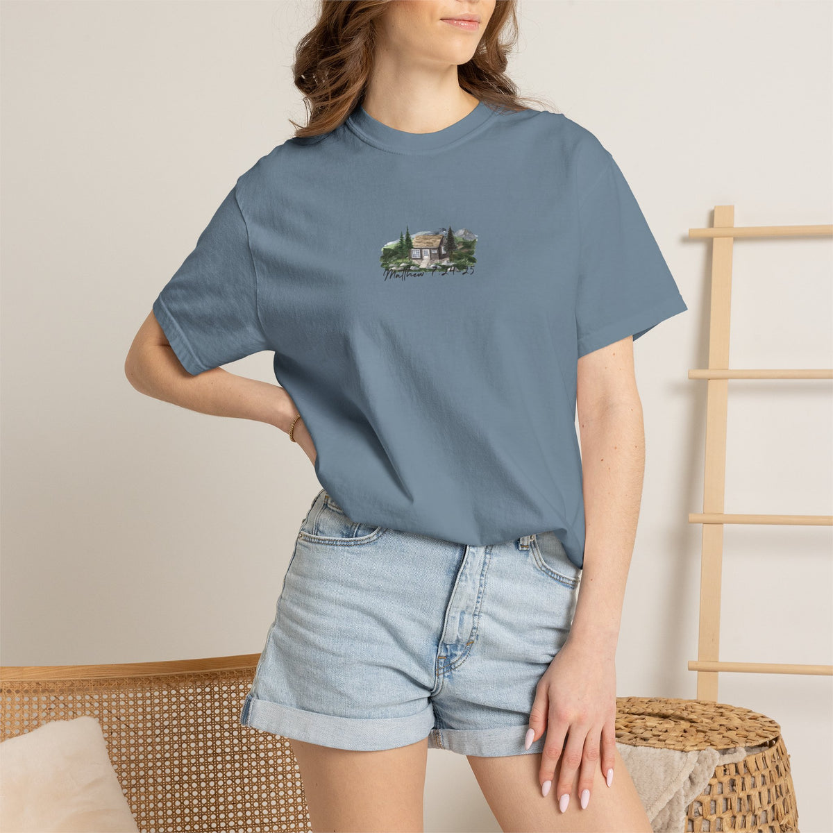 Jesus Is the True Foundation Cabin Illustration T-shirt | Matthew 7:24-25