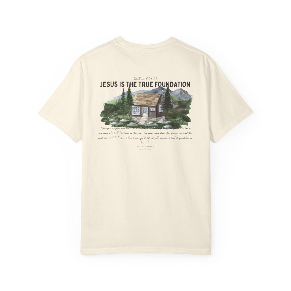Jesus Is the True Foundation Cabin Illustration T-shirt | Matthew 7:24-25