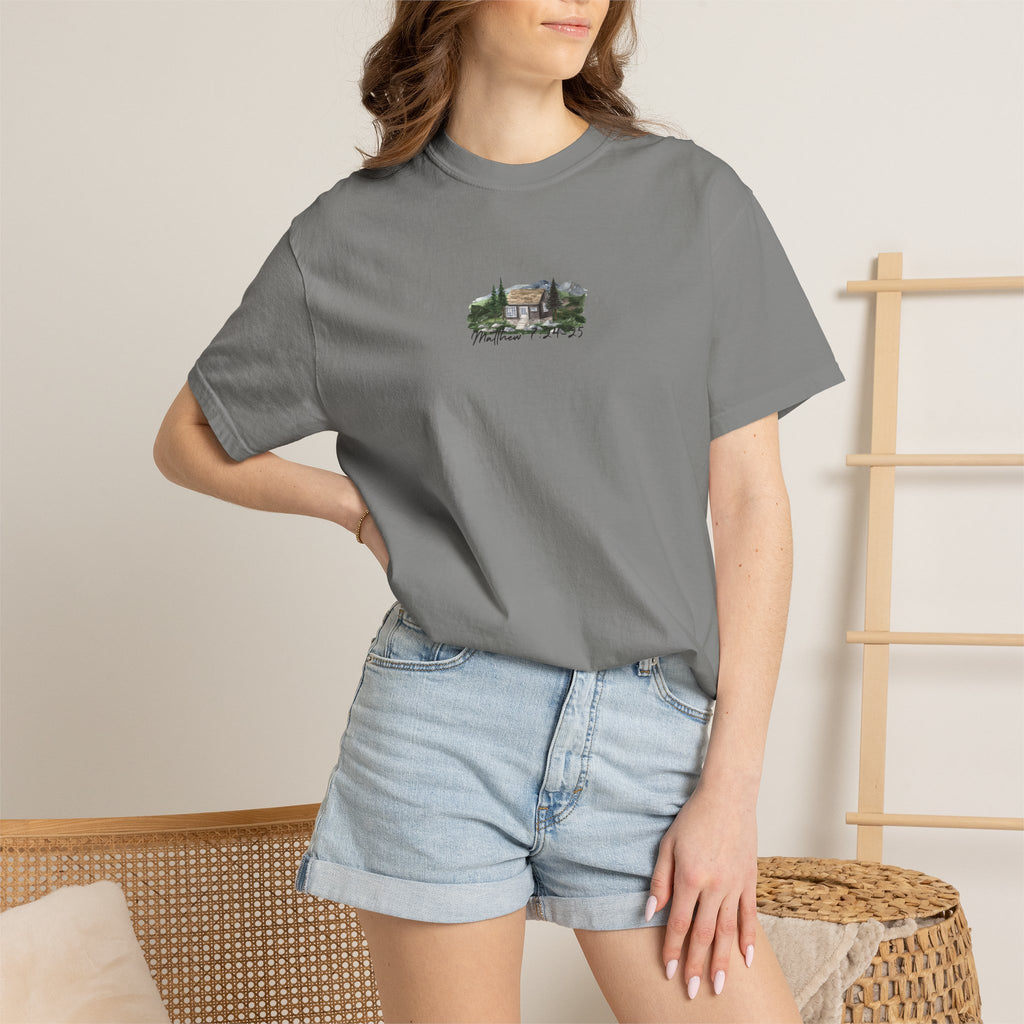 Jesus Is the True Foundation Cabin Illustration T-shirt | Matthew 7:24-25