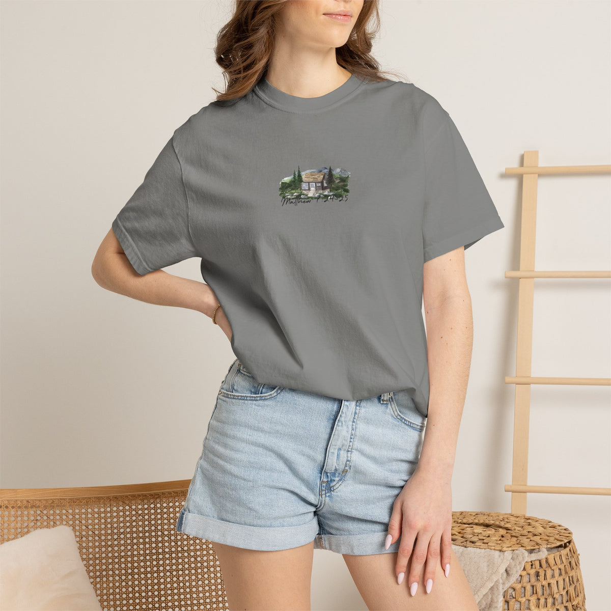 Jesus Is the True Foundation Cabin Illustration T-shirt | Matthew 7:24-25