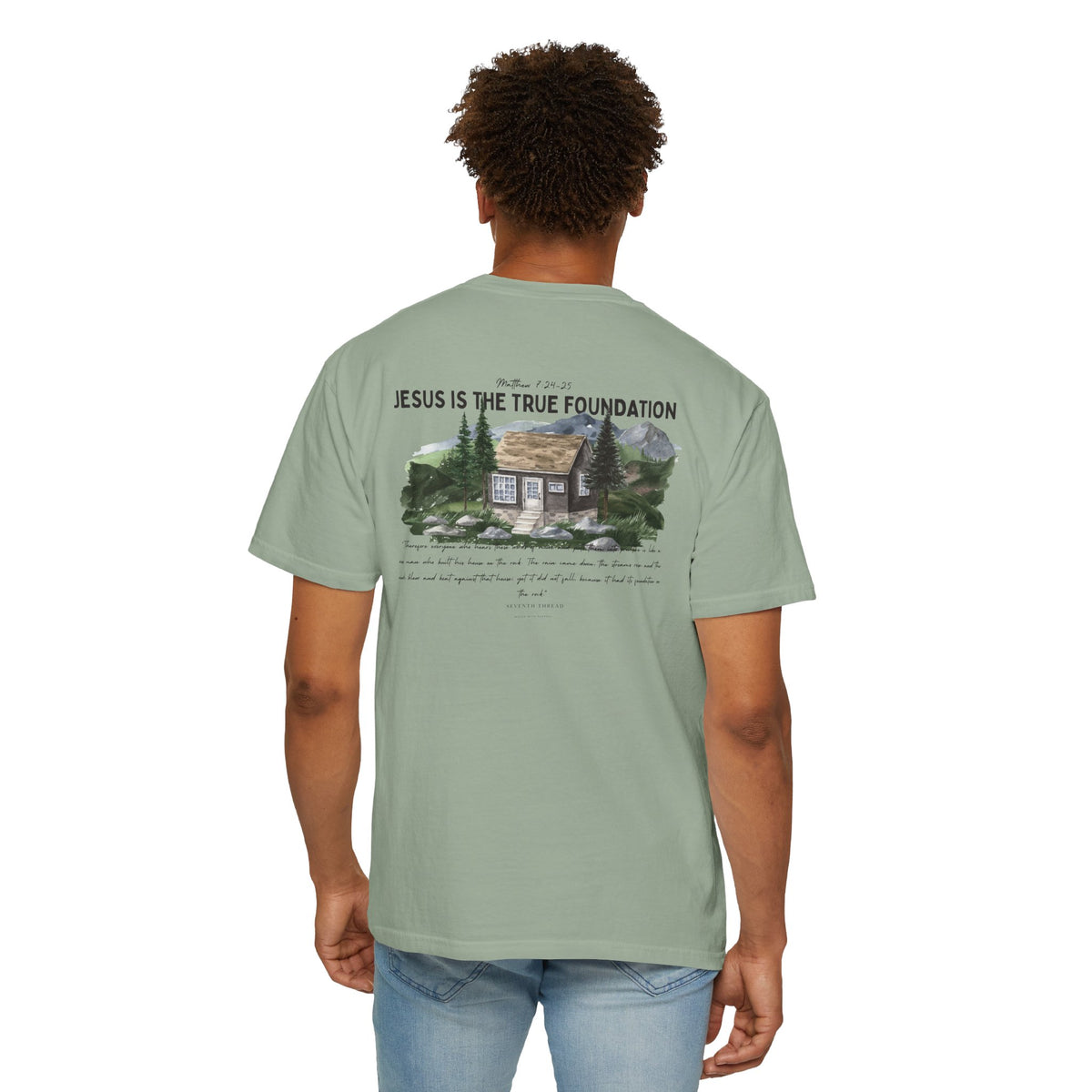 Jesus Is the True Foundation Cabin Illustration T-shirt | Matthew 7:24-25