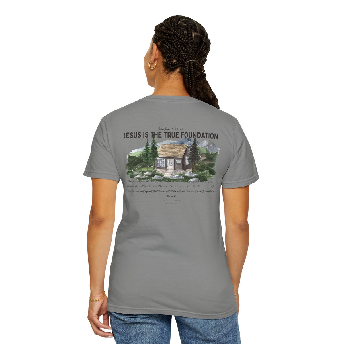 Jesus Is the True Foundation Cabin Illustration T-shirt | Matthew 7:24-25